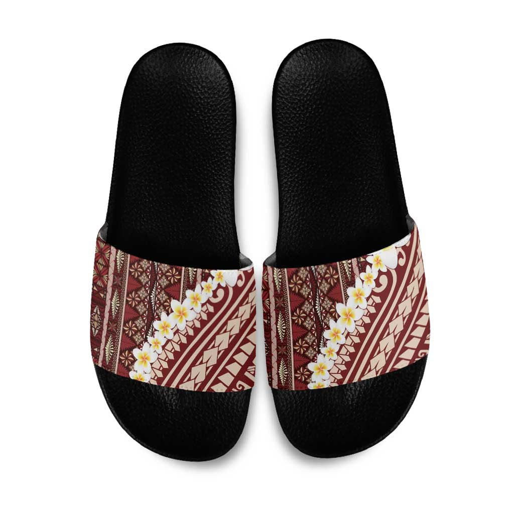Red Vintage Tonga Ngatu Pattern With Plumeria Slide Sandals LT05 Red - Polynesian Pride