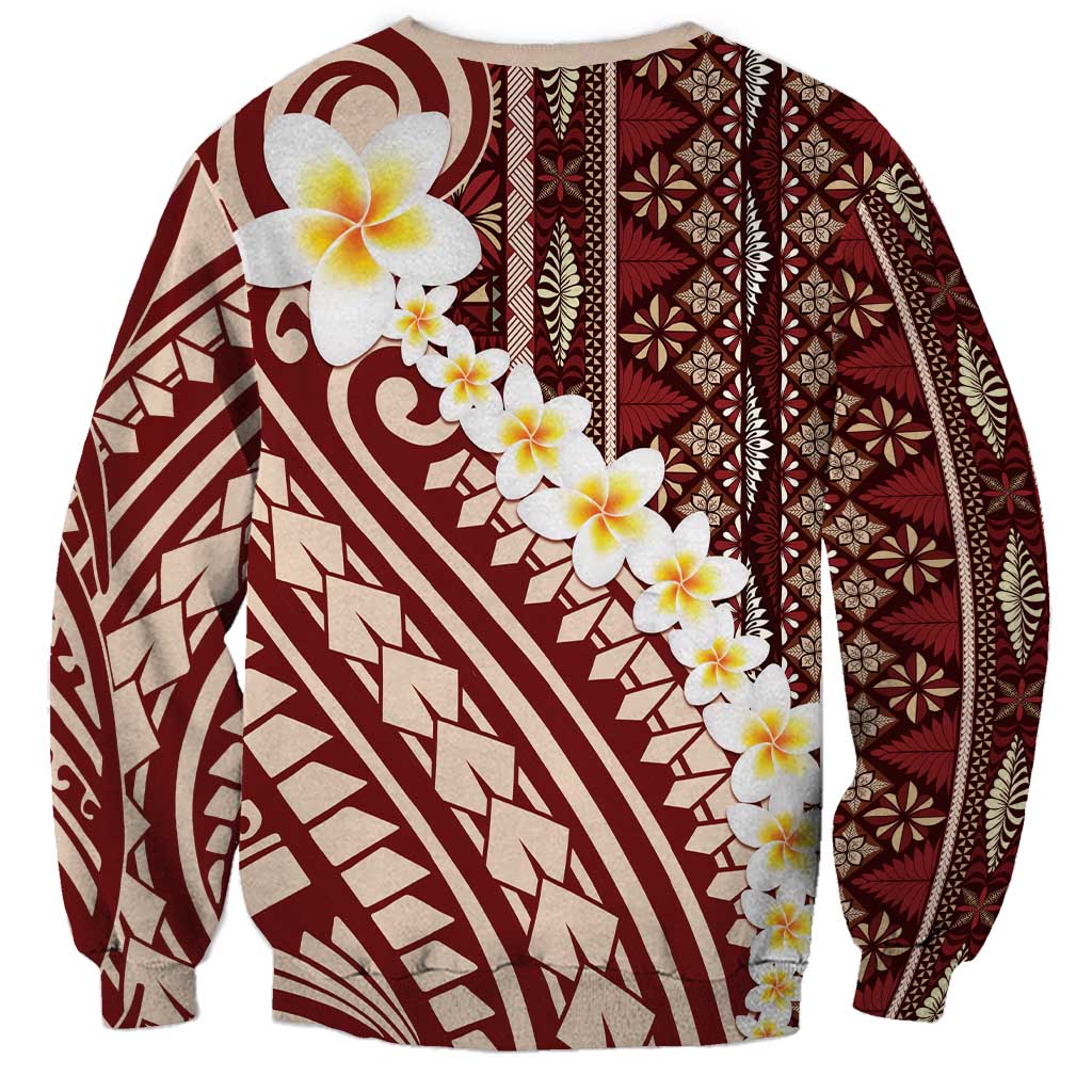 Red Vintage Tonga Ngatu Pattern With Plumeria Sweatshirt LT05 - Polynesian Pride