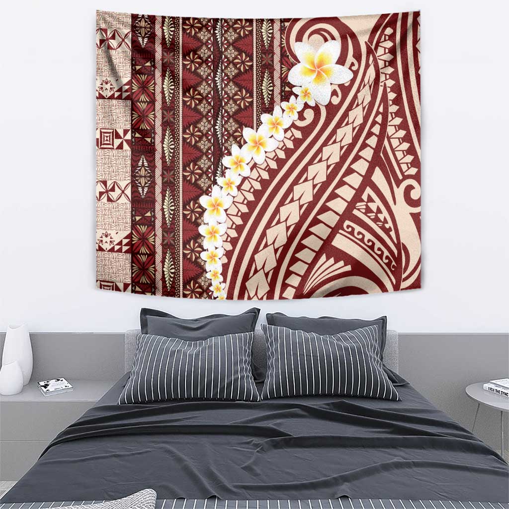 Red Vintage Tonga Ngatu Pattern With Plumeria Tapestry LT05 - Polynesian Pride