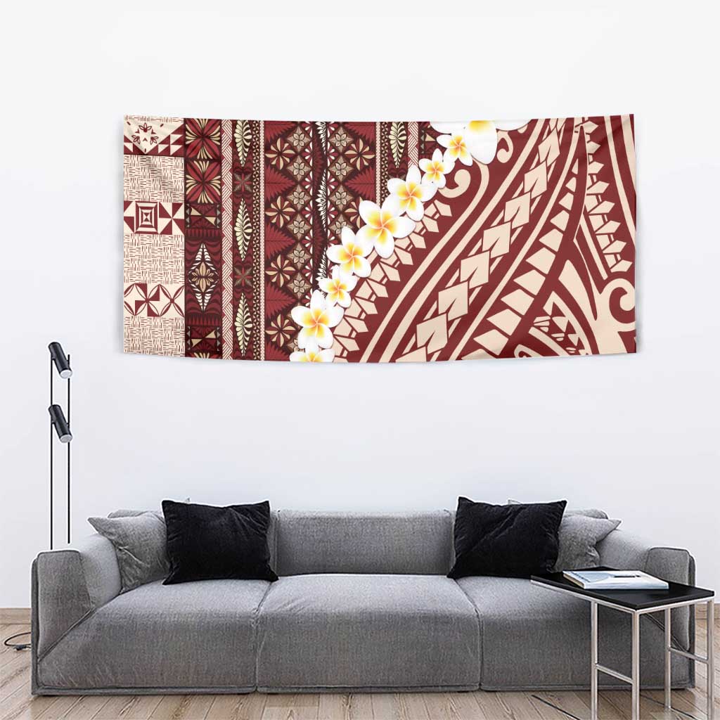 Red Vintage Tonga Ngatu Pattern With Plumeria Tapestry LT05 - Polynesian Pride