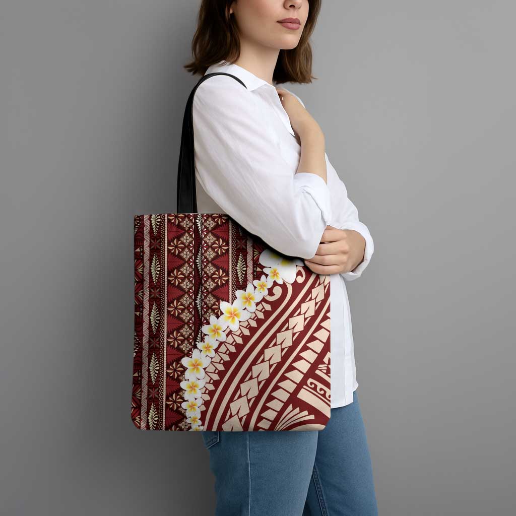 Red Vintage Tonga Ngatu Pattern With Plumeria Tote Bag LT05 - Polynesian Pride