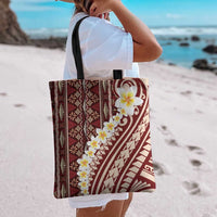Red Vintage Tonga Ngatu Pattern With Plumeria Tote Bag LT05 - Polynesian Pride