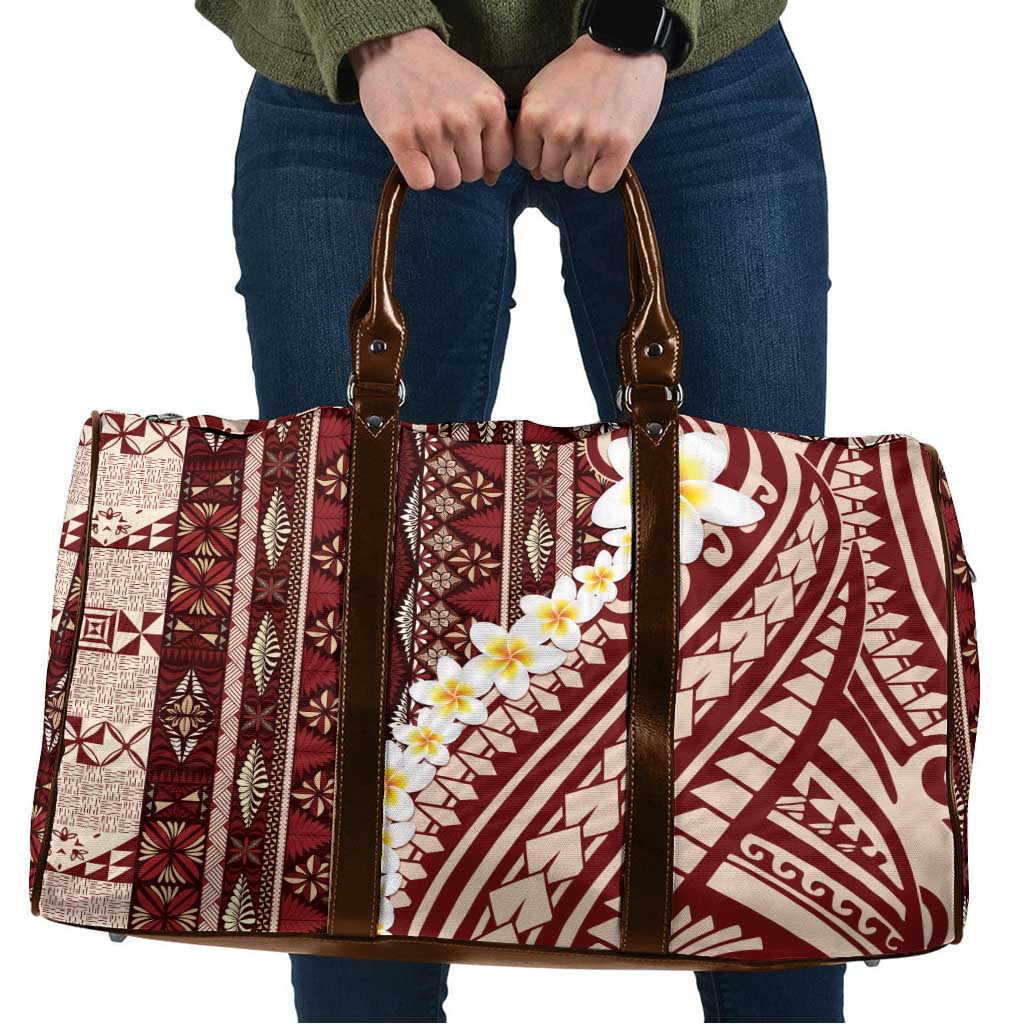 Red Vintage Tonga Ngatu Pattern With Plumeria Travel Bag LT05 Red - Polynesian Pride