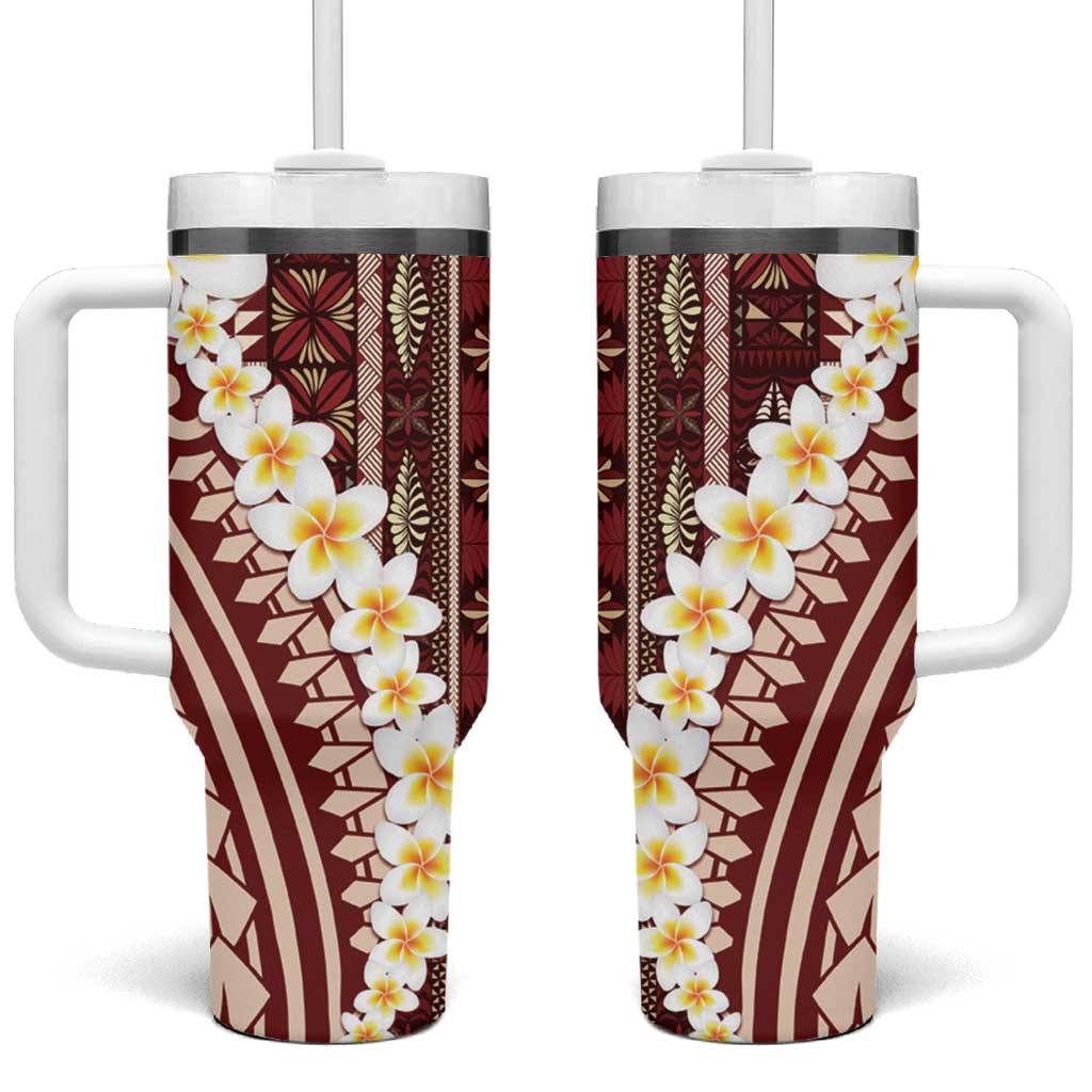 Red Vintage Tonga Ngatu Pattern With Plumeria Tumbler With Handle LT05 One Size: 40 oz Red - Polynesian Pride