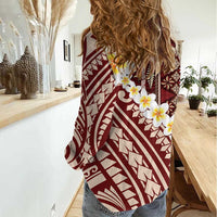 Red Vintage Tonga Ngatu Pattern With Plumeria Women Casual Shirt LT05 - Polynesian Pride