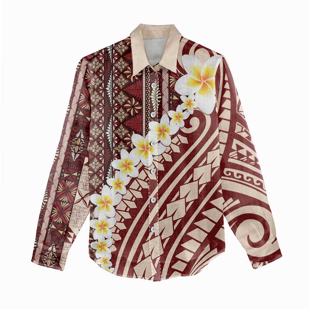 Red Vintage Tonga Ngatu Pattern With Plumeria Women Casual Shirt LT05 - Polynesian Pride