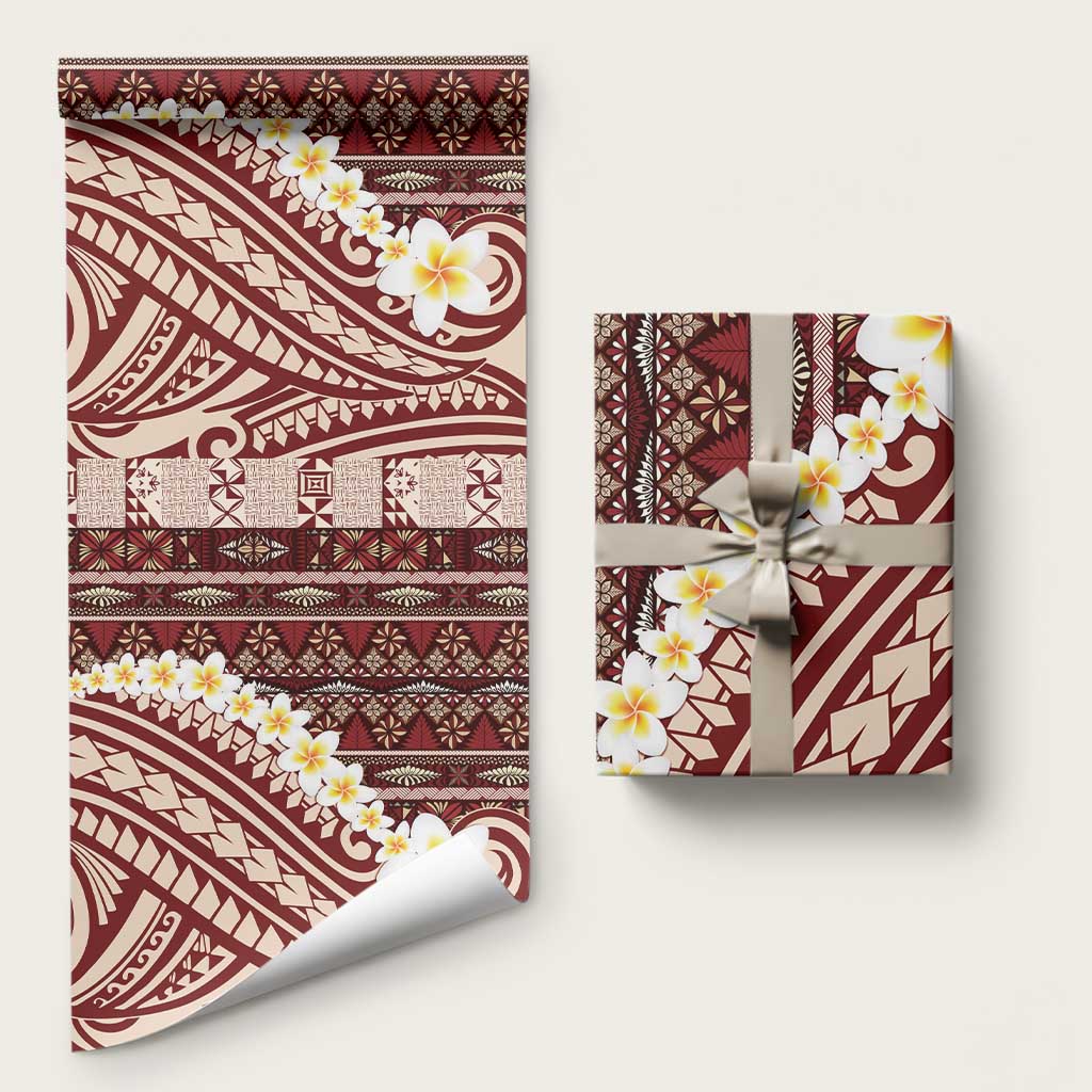 Red Vintage Tonga Ngatu Pattern With Plumeria Wrapping Paper LT05 58" × 23" Red - Polynesian Pride