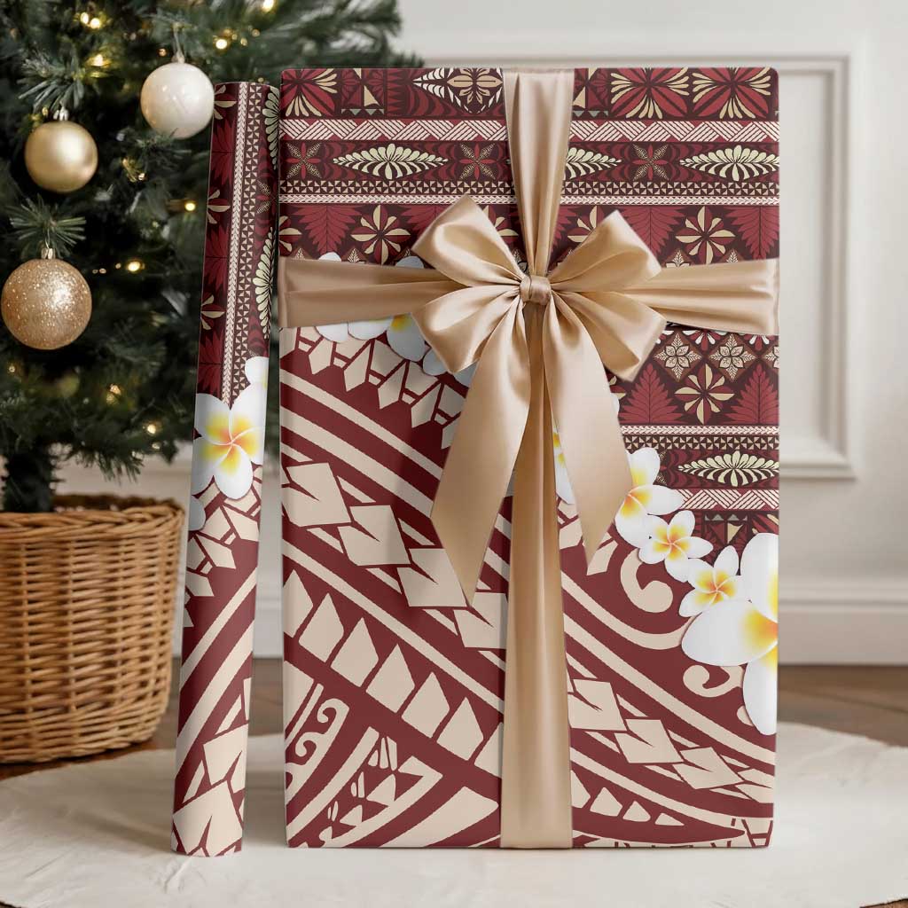 Red Vintage Tonga Ngatu Pattern With Plumeria Wrapping Paper LT05 - Polynesian Pride