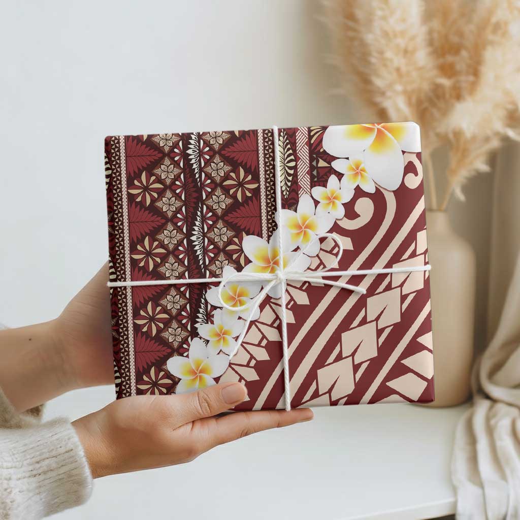 Red Vintage Tonga Ngatu Pattern With Plumeria Wrapping Paper LT05 - Polynesian Pride