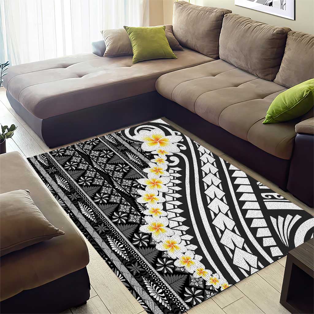 Black Vintage Tonga Ngatu Pattern With Plumeria Area Rug LT05 - Polynesian Pride