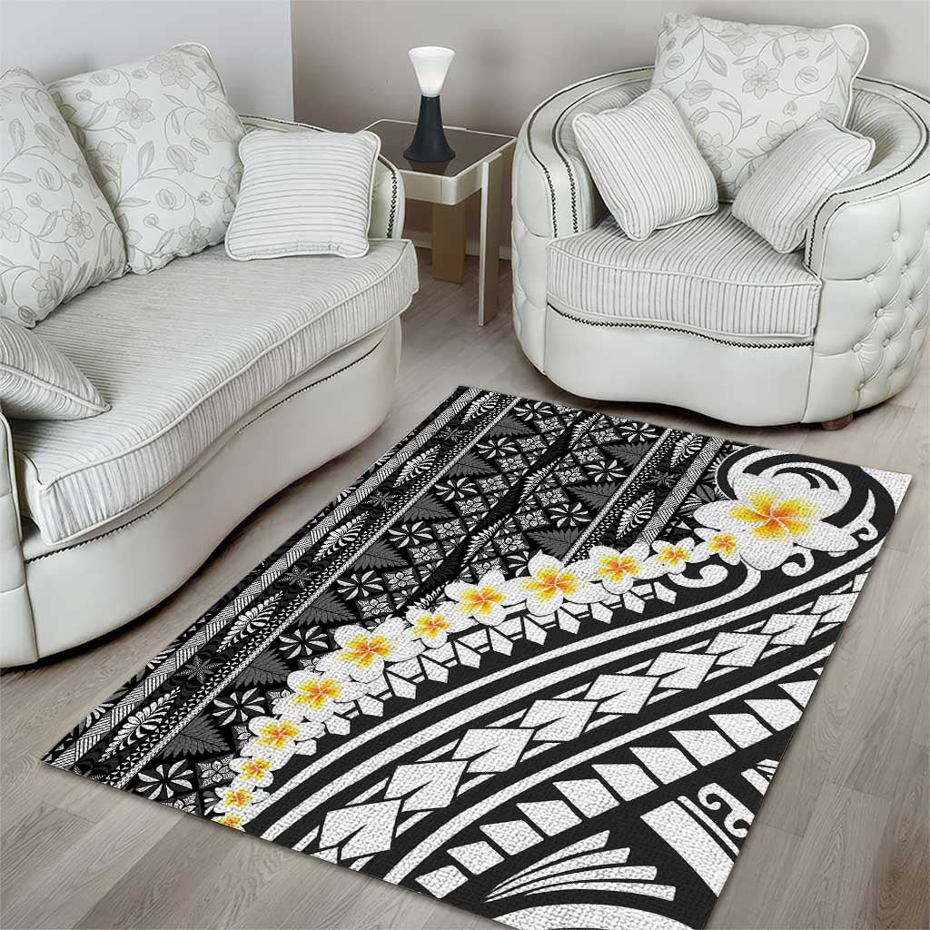 Black Vintage Tonga Ngatu Pattern With Plumeria Area Rug LT05 - Polynesian Pride