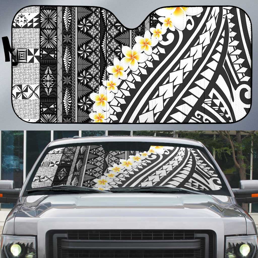 Black Vintage Tonga Ngatu Pattern With Plumeria Auto Sun Shade LT05 Black - Polynesian Pride