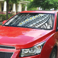 Black Vintage Tonga Ngatu Pattern With Plumeria Auto Sun Shade LT05 - Polynesian Pride