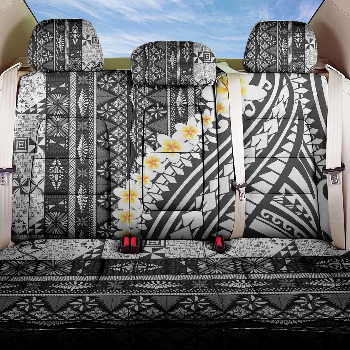 Black Vintage Tonga Ngatu Pattern With Plumeria Back Car Seat Cover LT05 One Size Black - Polynesian Pride