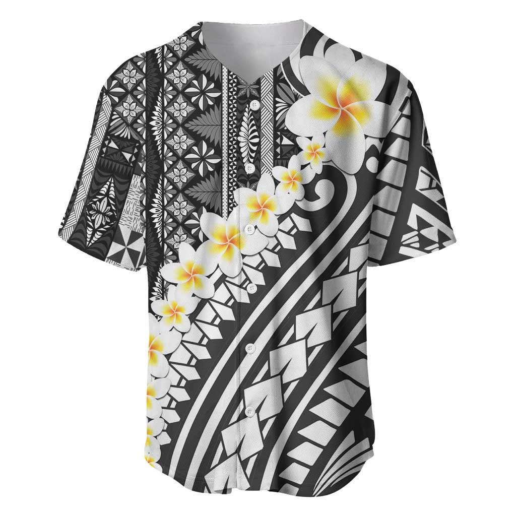 Black Vintage Tonga Ngatu Pattern With Plumeria Baseball Jersey LT05 Black - Polynesian Pride
