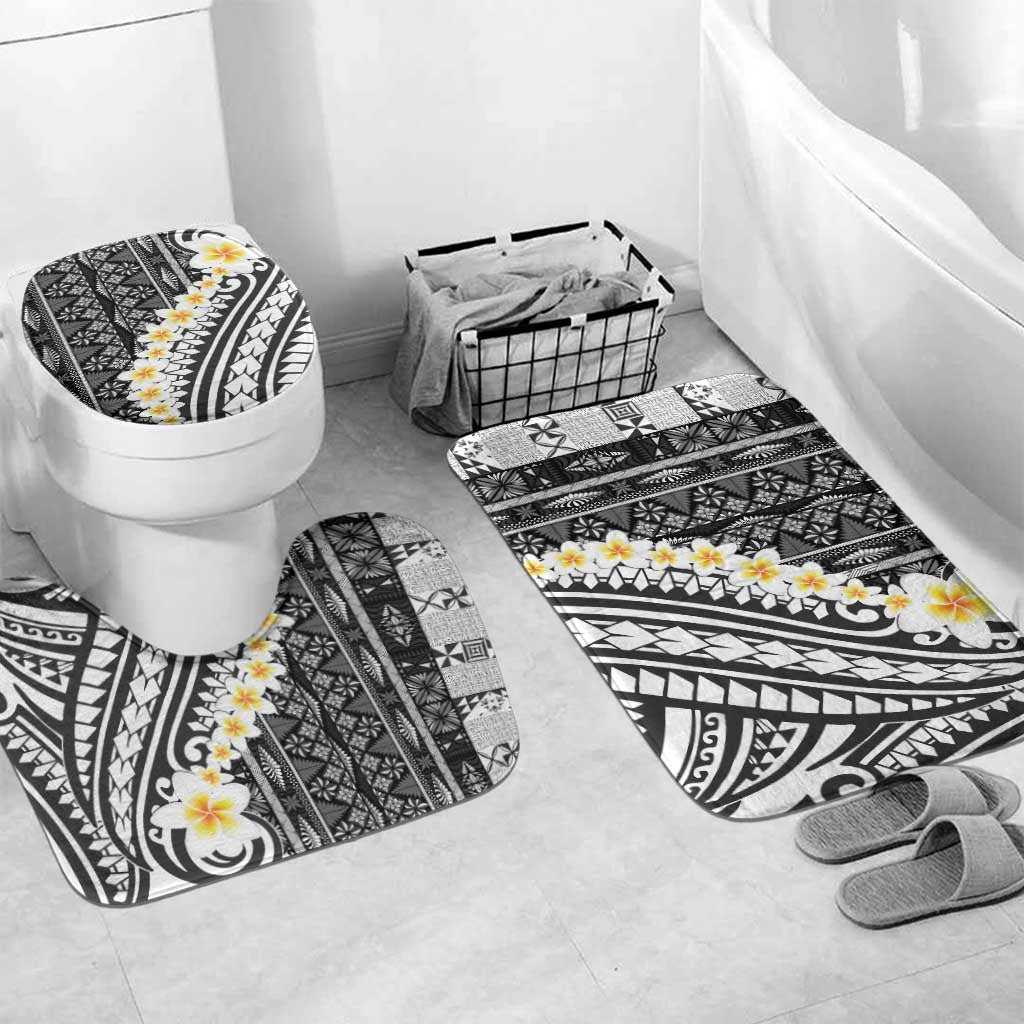 Black Vintage Tonga Ngatu Pattern With Plumeria Bathroom Set LT05 Mat Set Only (3 pcs) One Size Black - Polynesian Pride