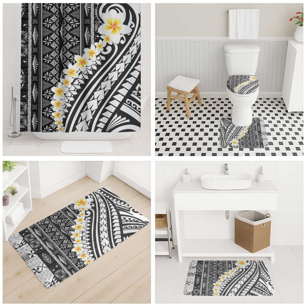 Black Vintage Tonga Ngatu Pattern With Plumeria Bathroom Set LT05 - Polynesian Pride