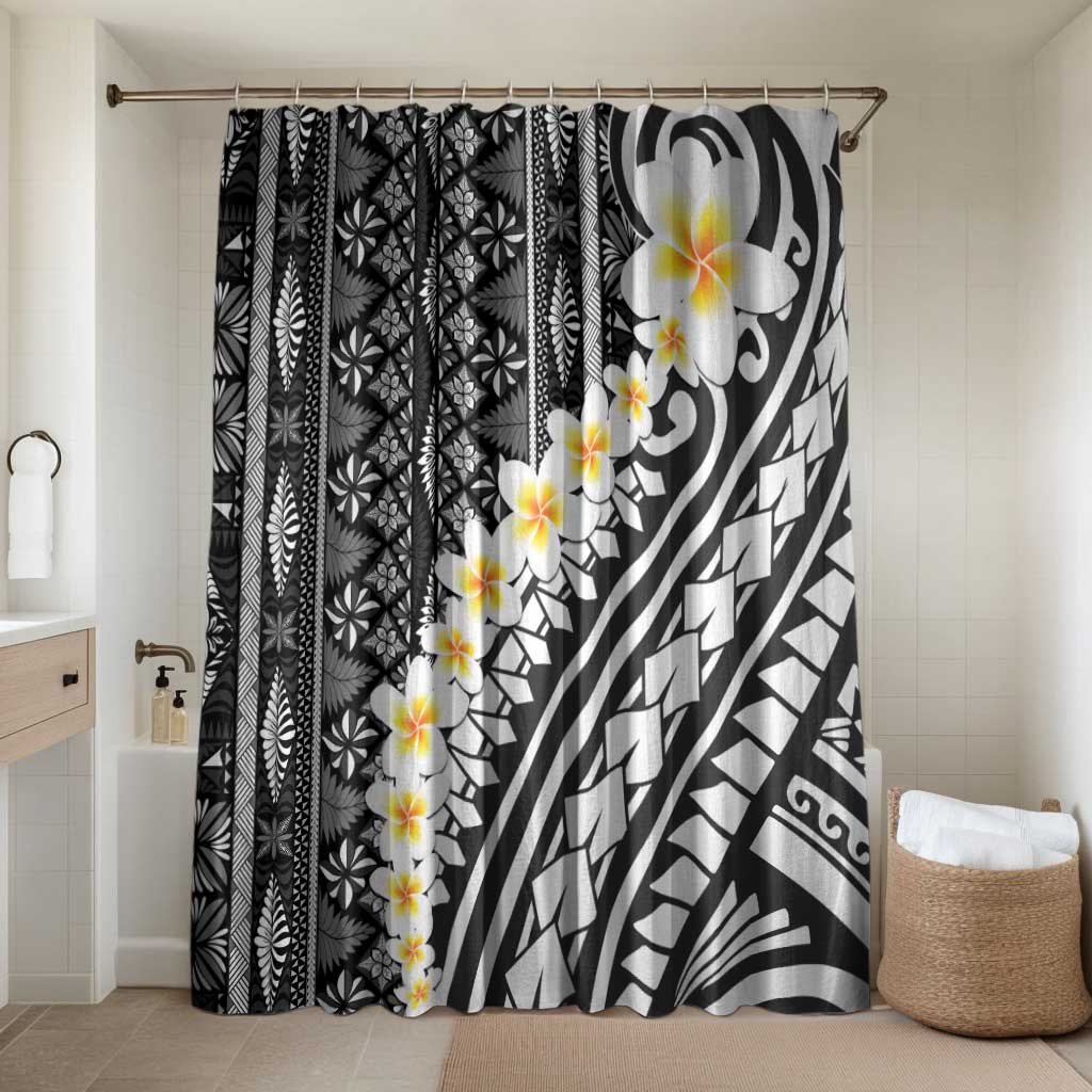 Black Vintage Tonga Ngatu Pattern With Plumeria Bathroom Set LT05 Shower Curtain Only Black - Polynesian Pride