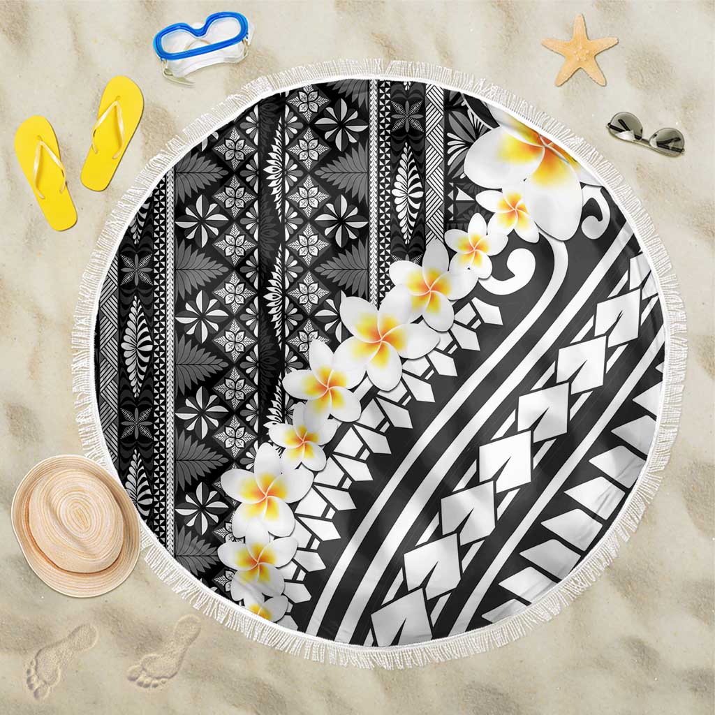 Black Vintage Tonga Ngatu Pattern With Plumeria Beach Blanket LT05 One Size 150cm Black - Polynesian Pride