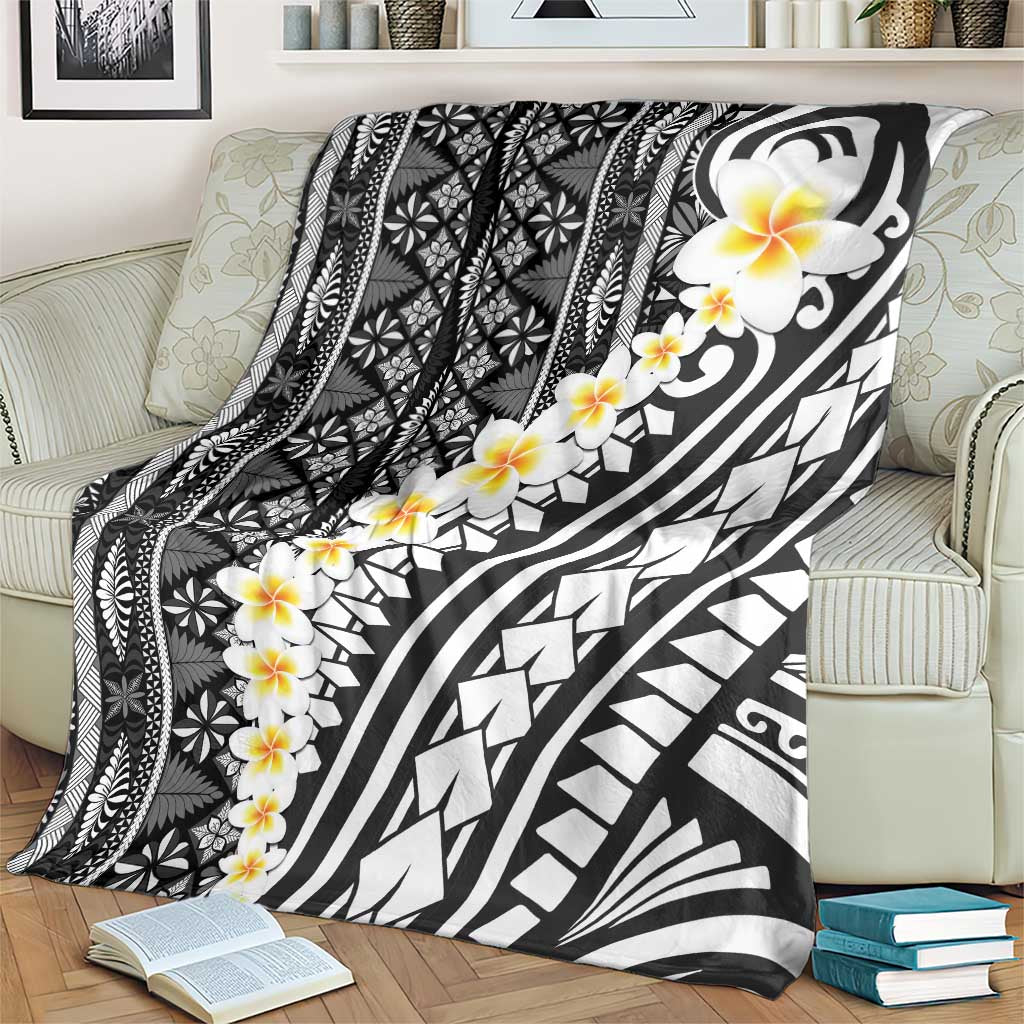 Black Vintage Tonga Ngatu Pattern With Plumeria Blanket LT05 - Polynesian Pride