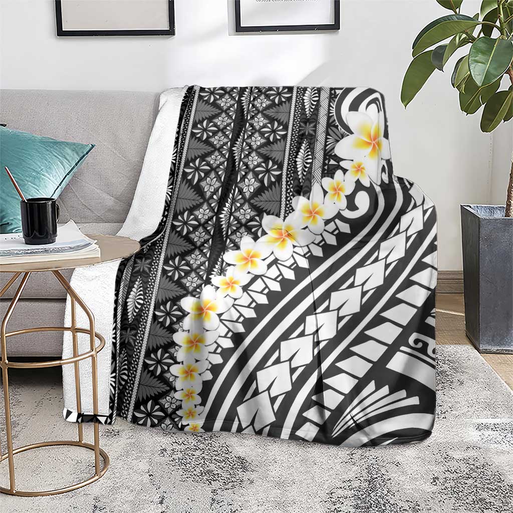 Black Vintage Tonga Ngatu Pattern With Plumeria Blanket LT05 - Polynesian Pride