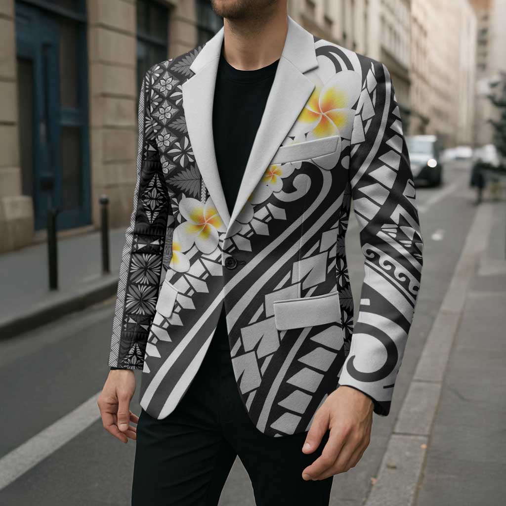 Black Vintage Tonga Ngatu Pattern With Plumeria Blazer LT05 - Polynesian Pride