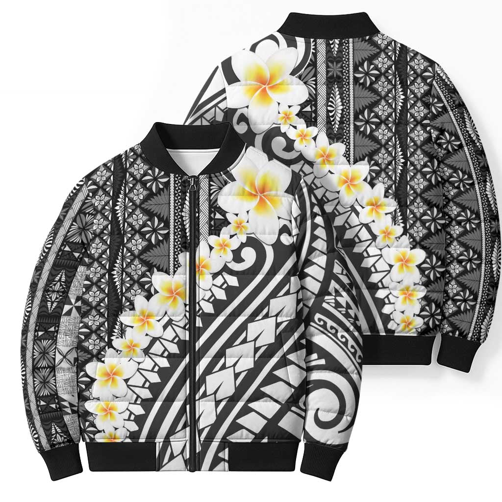 Black Vintage Tonga Ngatu Pattern With Plumeria Bomber Puffer Jacket LT05 - Polynesian Pride