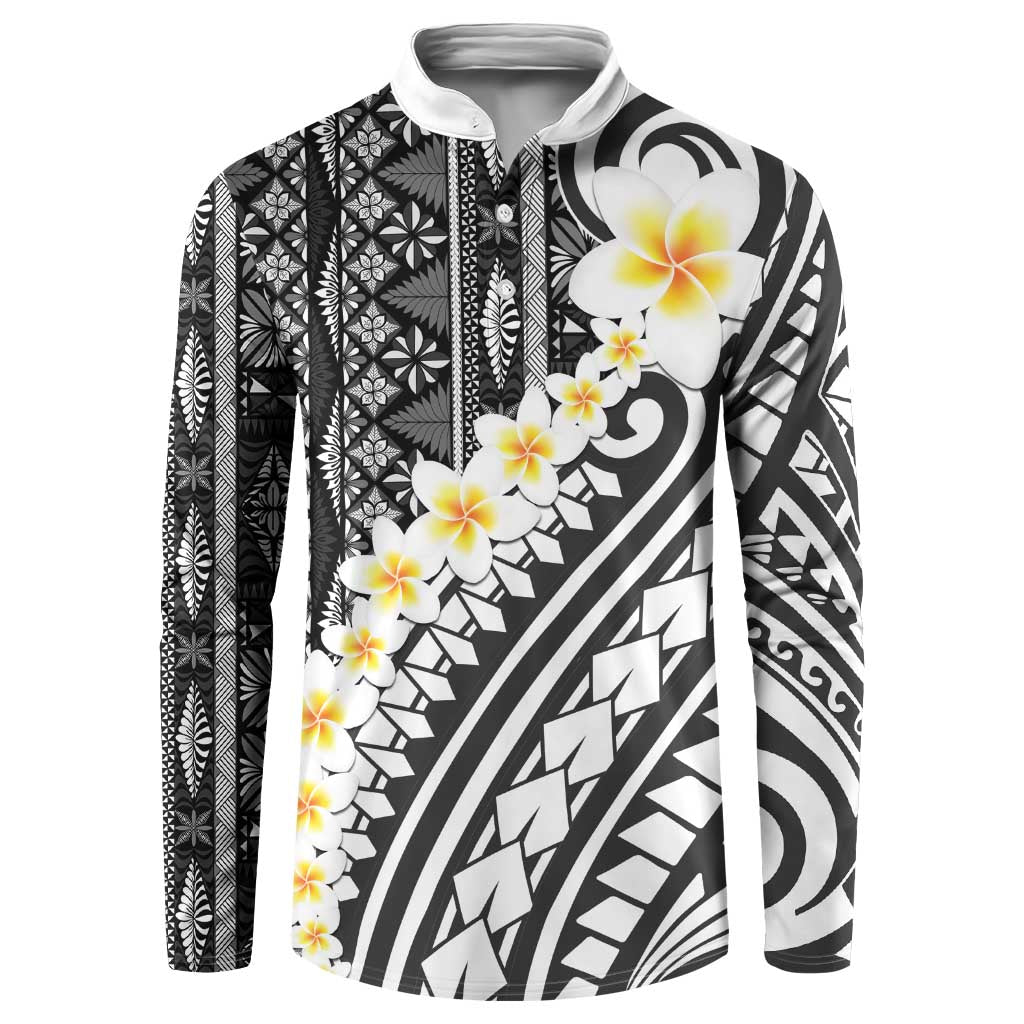 Black Vintage Tonga Ngatu Pattern With Plumeria Button Sweatshirt LT05 Black - Polynesian Pride