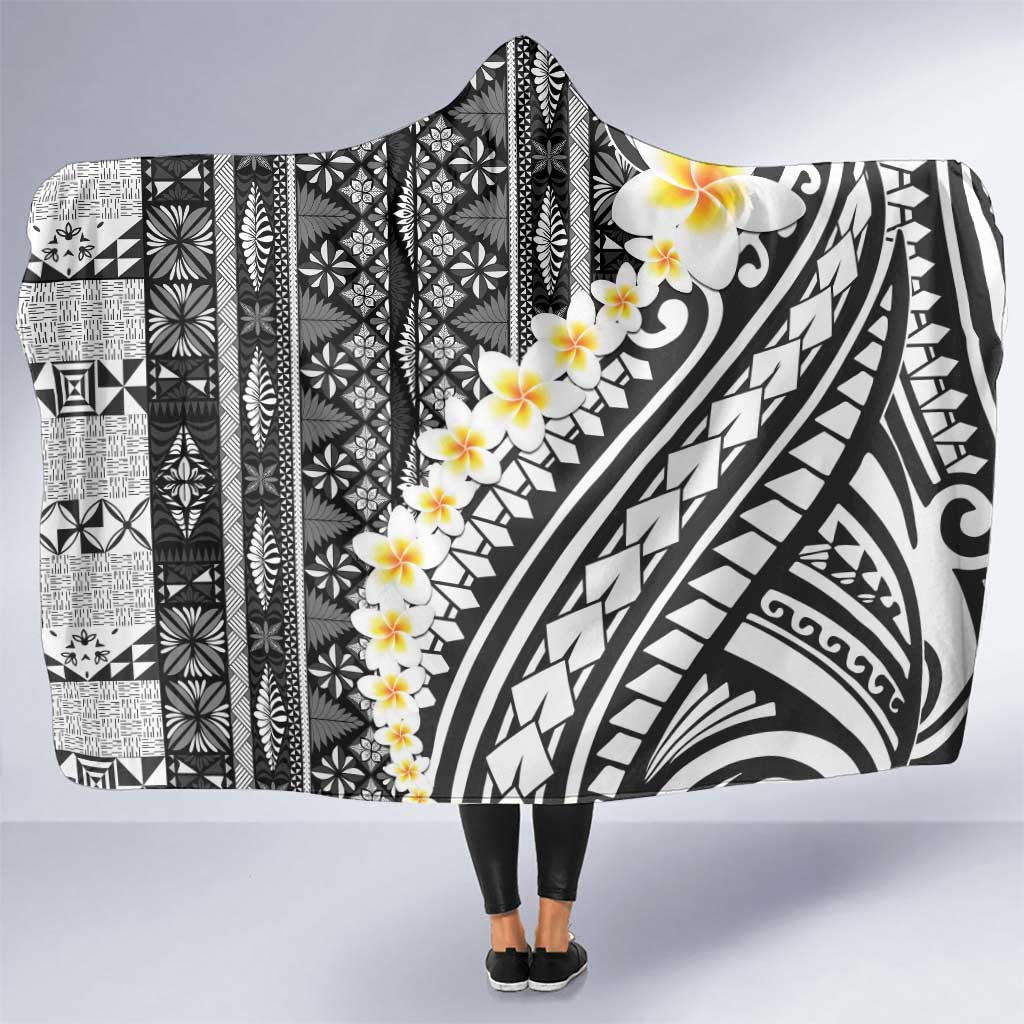 Black Vintage Tonga Ngatu Pattern With Plumeria Hooded Blanket LT05 One Size Black - Polynesian Pride