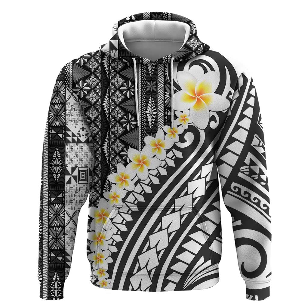Black Vintage Tonga Ngatu Pattern With Plumeria Hoodie LT05 Pullover Hoodie Black - Polynesian Pride