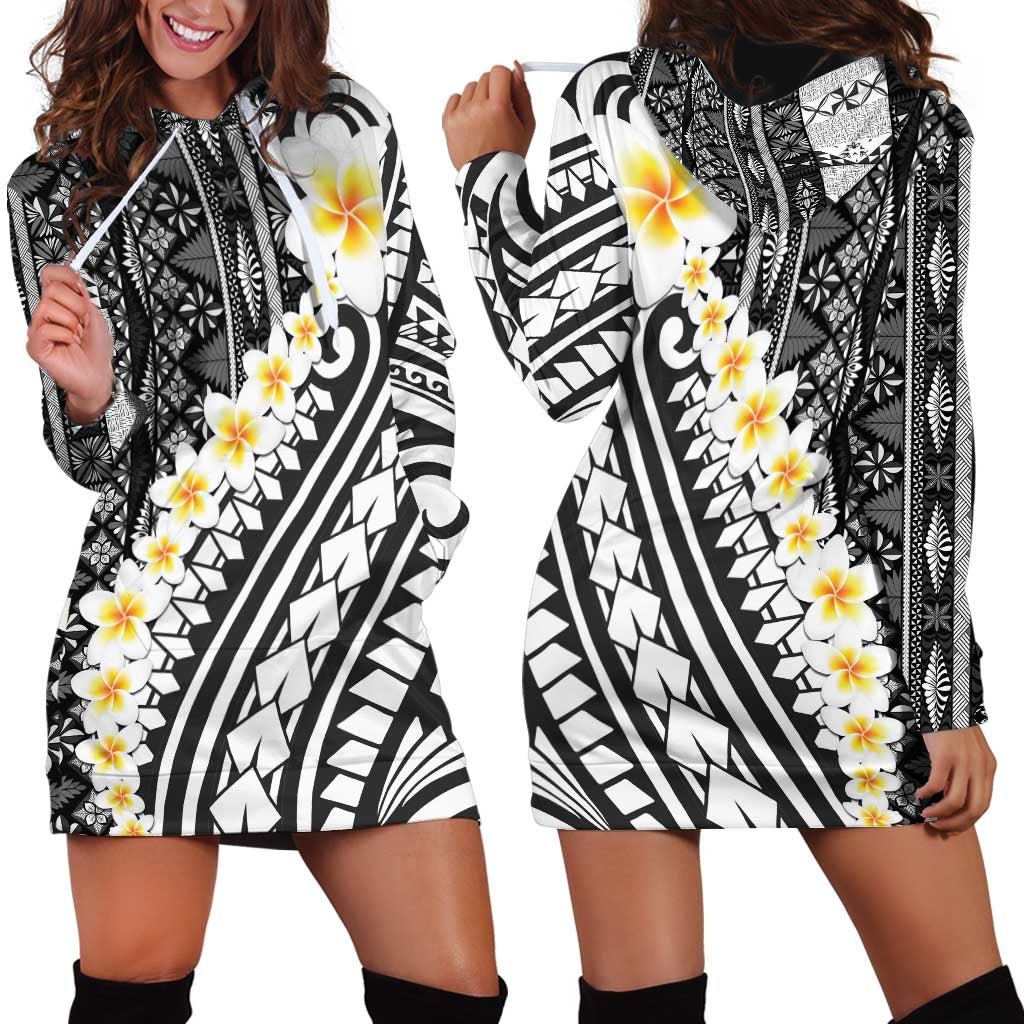 Black Vintage Tonga Ngatu Pattern Hoodie Dress - Plumeria Design LT05 - Polynesian Pride