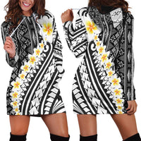 Black Vintage Tonga Ngatu Pattern Hoodie Dress - Plumeria Design LT05 - Polynesian Pride
