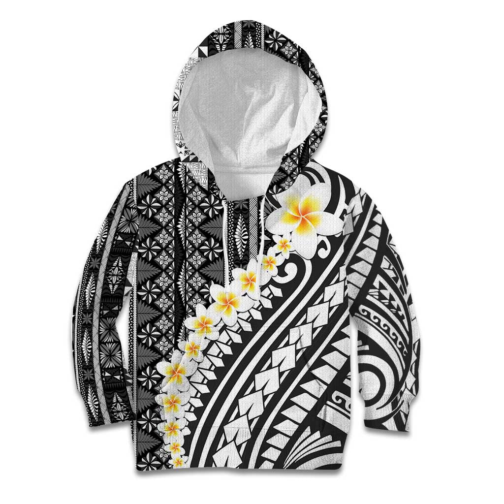 Black Vintage Tonga Ngatu Pattern With Plumeria Kid Hoodie LT05 Hoodie Black - Polynesian Pride