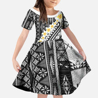 Black Vintage Tonga Ngatu Pattern With Plumeria Kid Short Sleeve Dress LT05 KID Black - Polynesian Pride