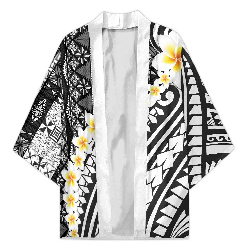 Black Vintage Tonga Ngatu Pattern With Plumeria Kimono LT05 Unisex Black - Polynesian Pride