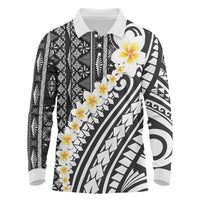 Black Vintage Tonga Ngatu Pattern With Plumeria Long Sleeve Polo Shirt LT05 Black - Polynesian Pride