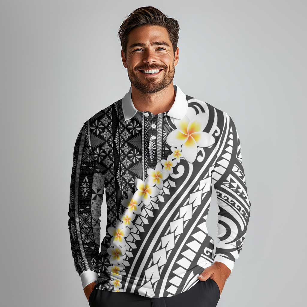 Black Vintage Tonga Ngatu Pattern With Plumeria Long Sleeve Polo Shirt LT05 - Polynesian Pride