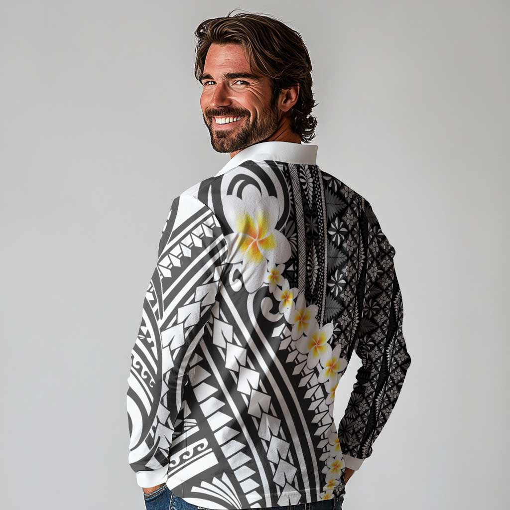 Black Vintage Tonga Ngatu Pattern With Plumeria Long Sleeve Polo Shirt LT05 - Polynesian Pride