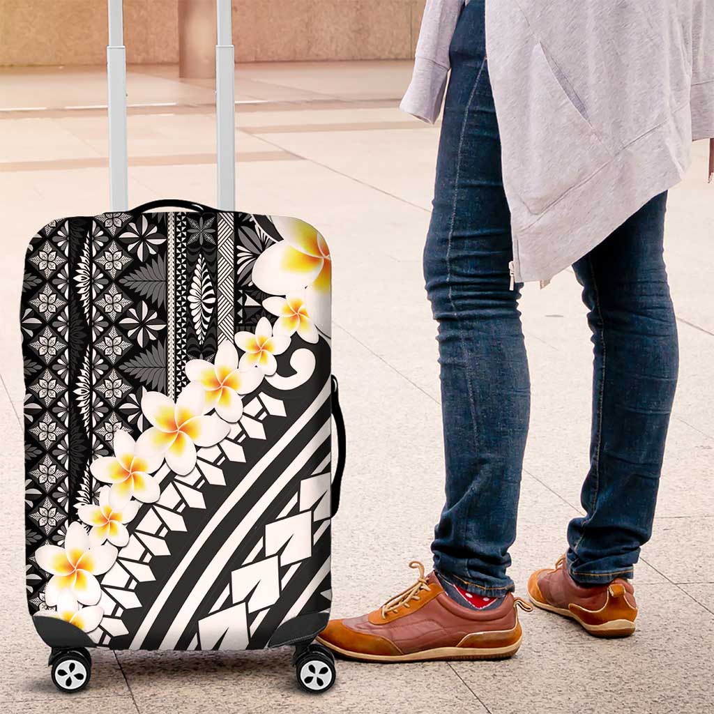 Black Vintage Tonga Ngatu Pattern With Plumeria Luggage Cover LT05 Black - Polynesian Pride
