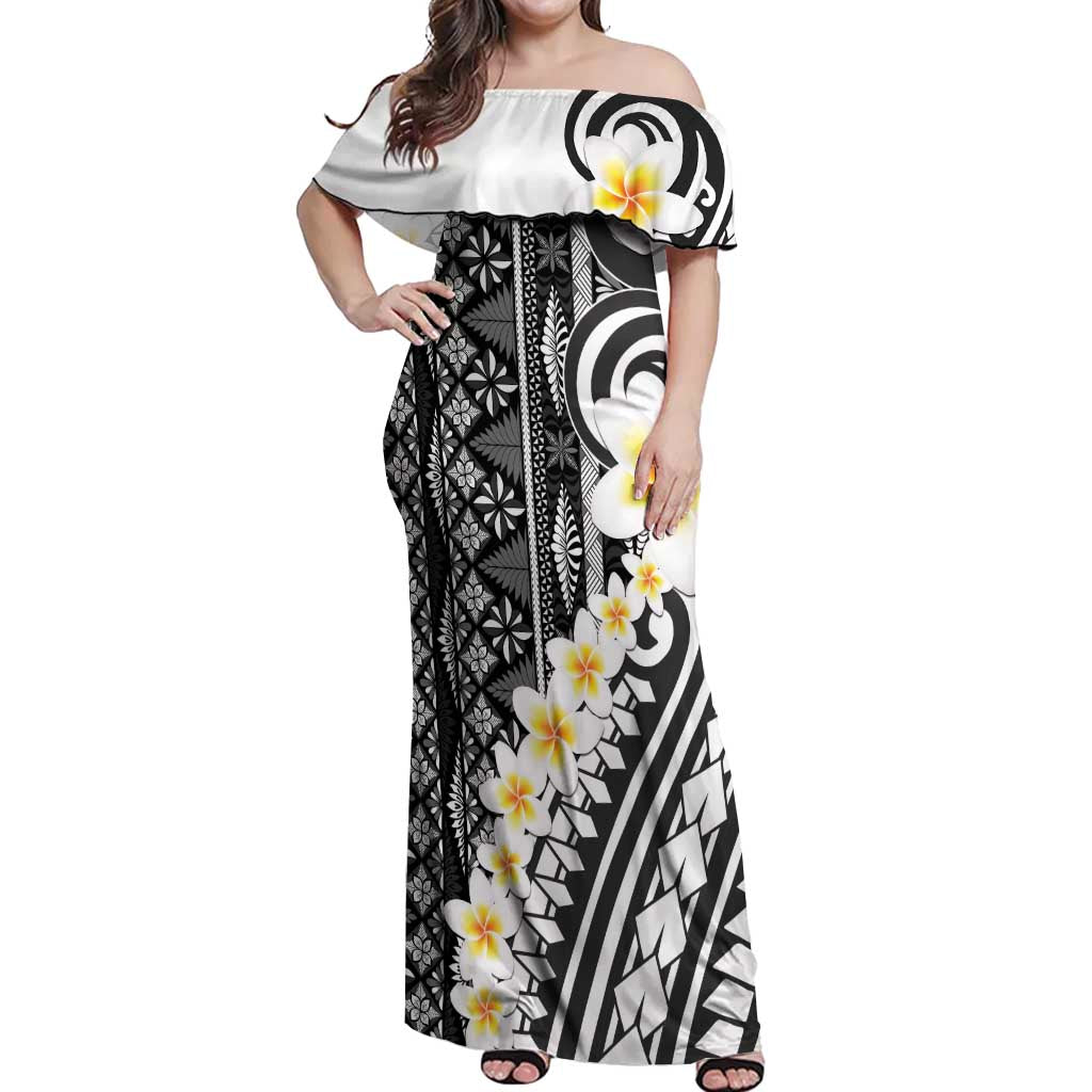 Black Vintage Tonga Ngatu Pattern With Plumeria Off Shoulder Maxi Dress LT05 Women Black - Polynesian Pride
