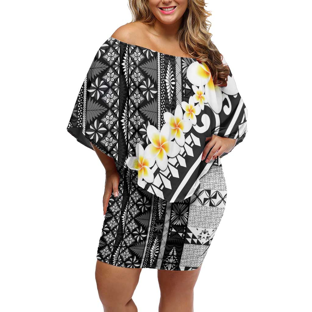 Black Vintage Tonga Ngatu Pattern With Plumeria Off Shoulder Short Dress LT05 Women Black - Polynesian Pride