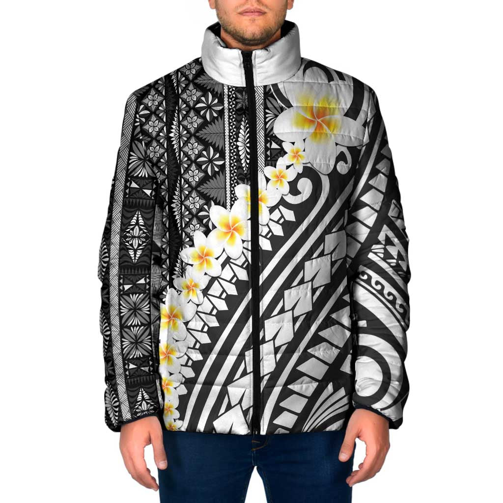 Black Vintage Tonga Ngatu Pattern With Plumeria Padded Jacket LT05 Men Black - Polynesian Pride