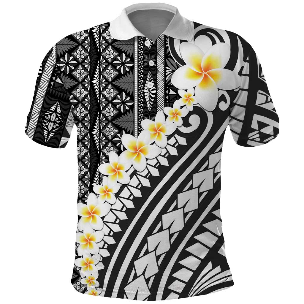 Black Vintage Tonga Ngatu Pattern With Plumeria Polo Shirt LT05 Black - Polynesian Pride