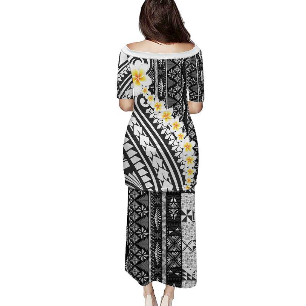 Black Vintage Tonga Ngatu Pattern With Plumeria Puletasi LT05 - Polynesian Pride