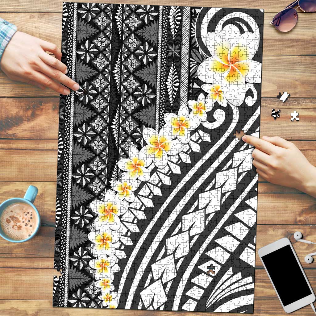 Black Vintage Tonga Ngatu Pattern With Plumeria Puzzle LT05 Black - Polynesian Pride