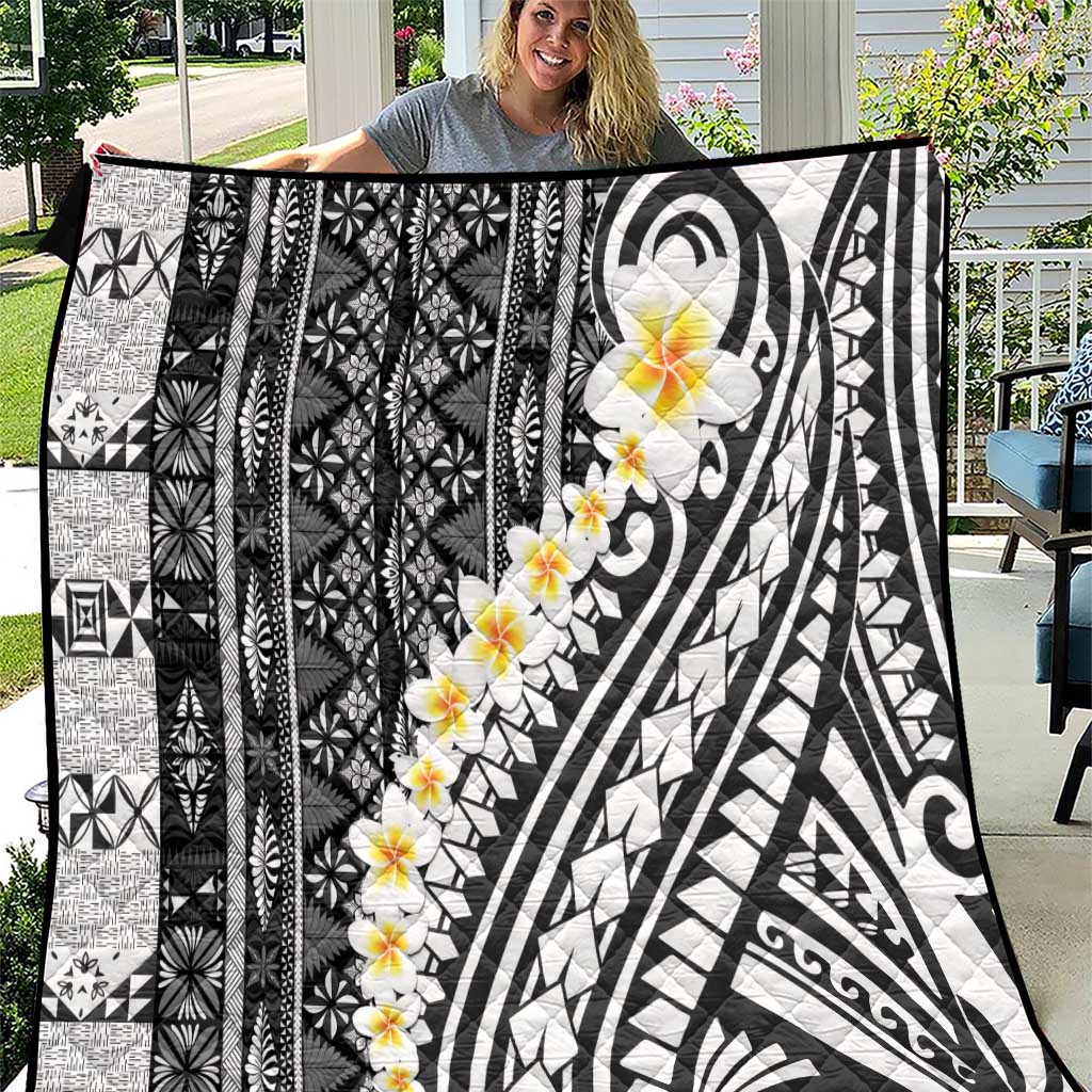 Black Vintage Tonga Ngatu Pattern With Plumeria Quilt LT05 Black - Polynesian Pride