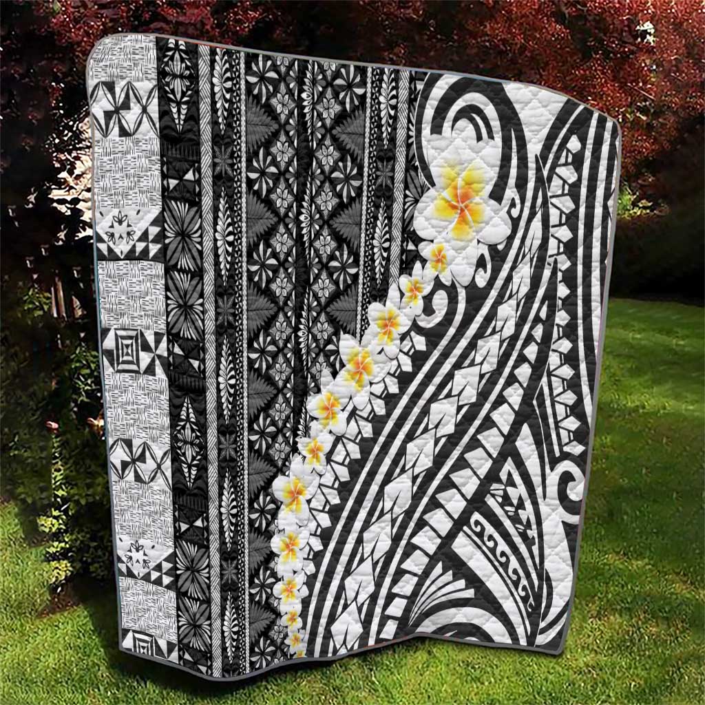 Black Vintage Tonga Ngatu Pattern With Plumeria Quilt LT05 - Polynesian Pride