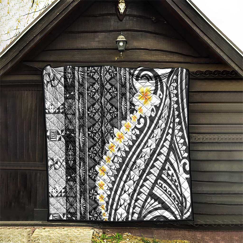 Black Vintage Tonga Ngatu Pattern With Plumeria Quilt LT05 - Polynesian Pride