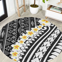 Black Vintage Tonga Ngatu Pattern With Plumeria Round Carpet LT05 Black - Polynesian Pride