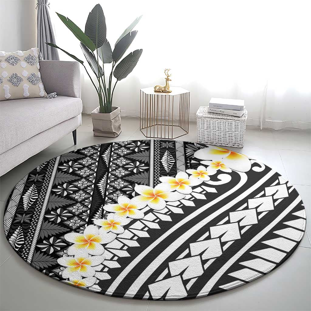Black Vintage Tonga Ngatu Pattern With Plumeria Round Carpet LT05 - Polynesian Pride
